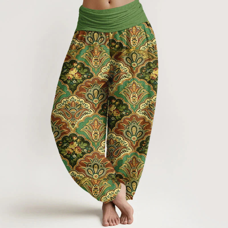 Buddha Stones Cotton Repetitive Fan Shape Flowers Leaves Pattern Women's Elastic Waist Harem Pants