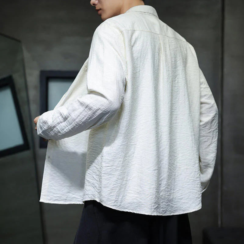 Buddha Stones Spring Men's Solid Color Buttons Design Long Sleeve Shirt