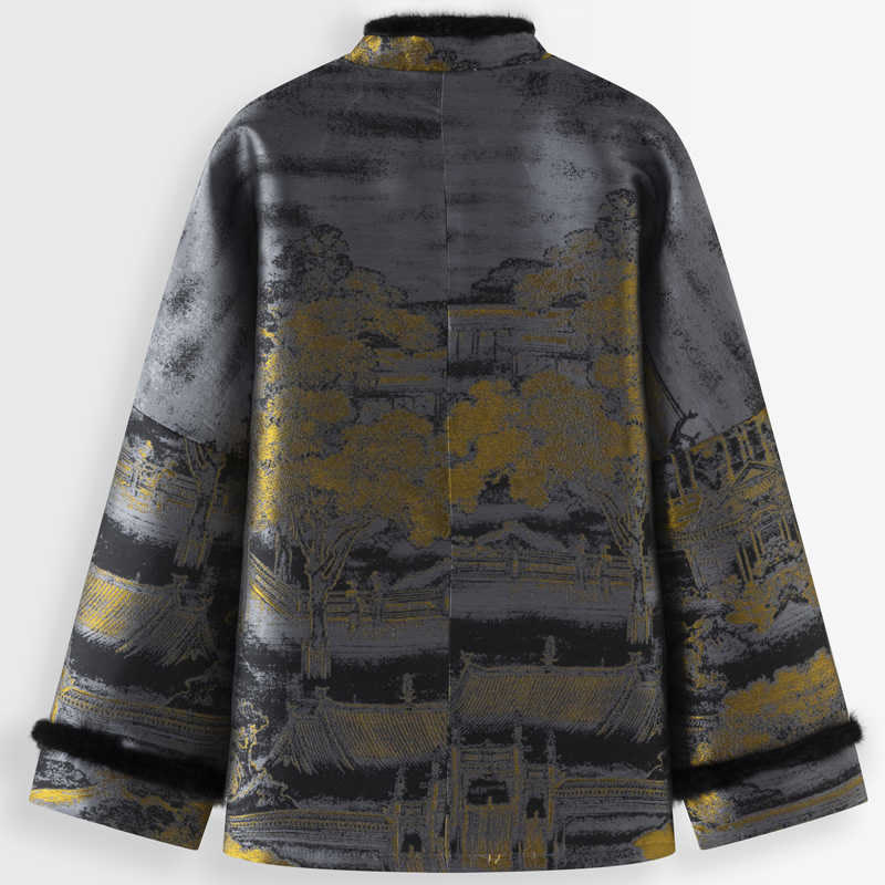 Buddha Stones Ancient Buildings Trees Frog-Button Long Sleeve Men's Jacket With Pockets