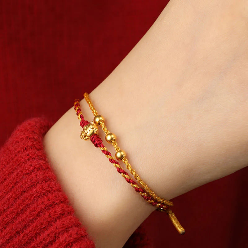 Buddha Stones 999 Gold Beads Year Of The Horse Double Wrap Golden Red String Luck Bracelet