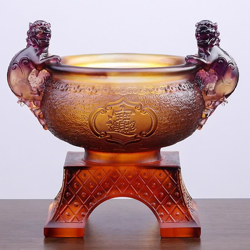 Buddha Stones Handmade Liuli Crystal PiXiu Treasure Bowl Art Piece Home Decoration