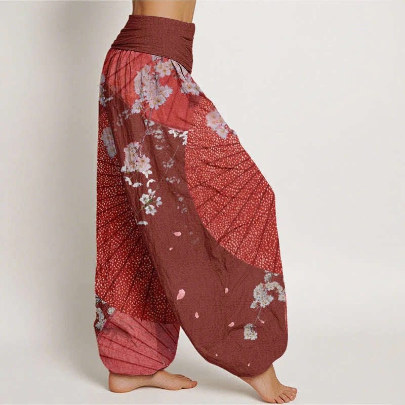 Buddha Stones Cotton Casual Red Oil-paper Umbrella Cherry Blossom Pattern Women's Elastic Waist Harem Pants