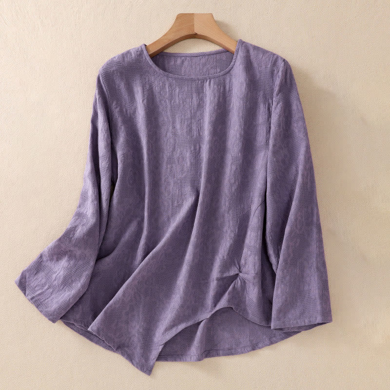 Buddha Stones Jacquard Irregular Hem Pleated Design Women's Cotton Long Sleeve Shirt
