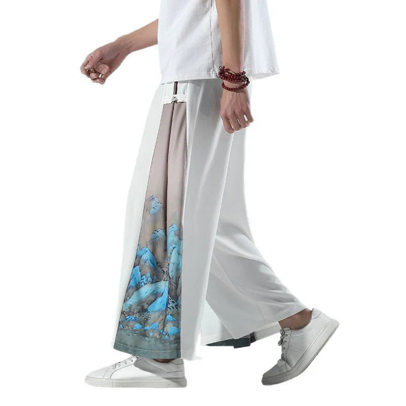 Buddha Stones Mountains Rivers Pattern Men's Wide Leg Pants With Pockets