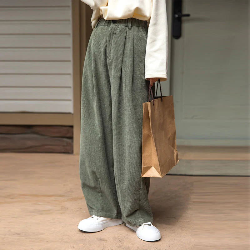 Buddha Stones Women's High Waist Zipper Design Wide Leg Cotton Corduroy Pants With Pockets