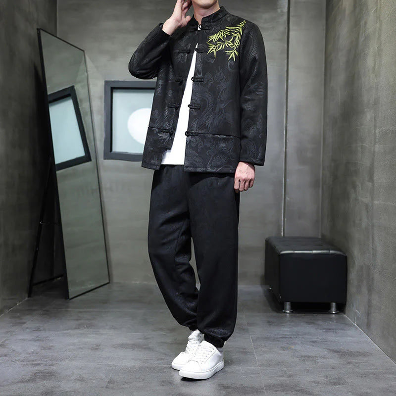 Buddha Stones 2Pcs Spring Dragon Bamboo Clouds Men's Tang Suit Frog-Button Cotton Long Sleeve Jacket Pants Set With Pockets