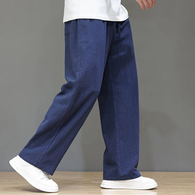 Buddha Stones Summer Men's Cotton Linen Straight Leg Pants With Pockets