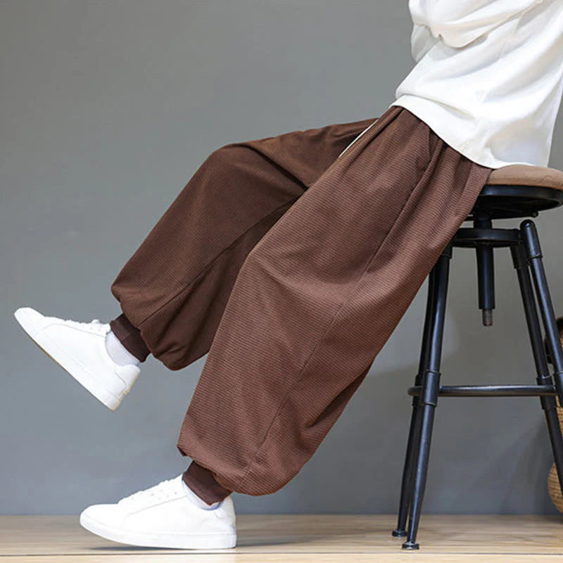 Buddha Stones Fall Plain Drawstring Simple Design Men's Harem Cotton Corduroy Pants With Pockets