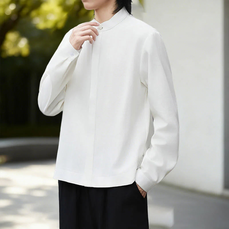 Buddha Stones Fall Solid Color White Men's Long Sleeve Cotton Linen Shirt Corduroy Kimono