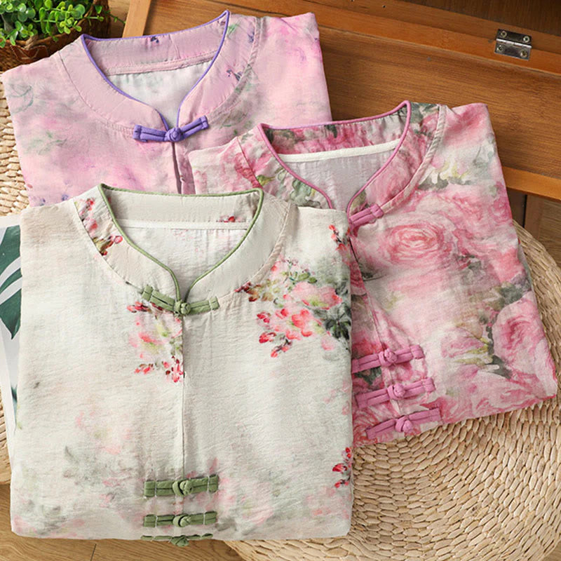 Buddha Stones Printing Floral Plain Chinese Frog-Button Women's Cotton Three Quarter Sleeve Shirt