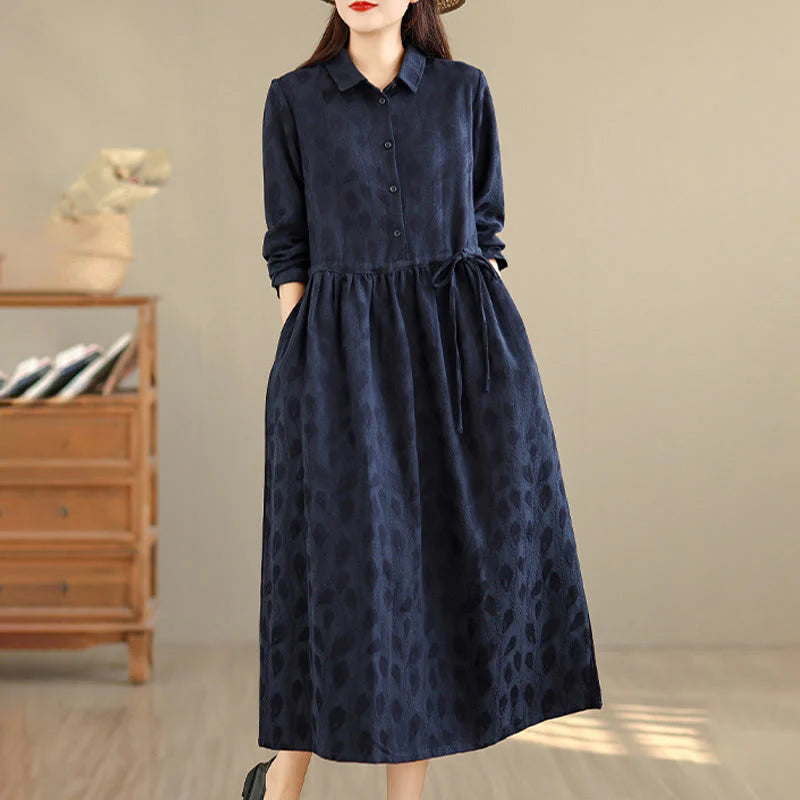 Buddha Stones Leaf Pattern Stand Collar Long Sleeve Cotton Midi Dress With Pockets
