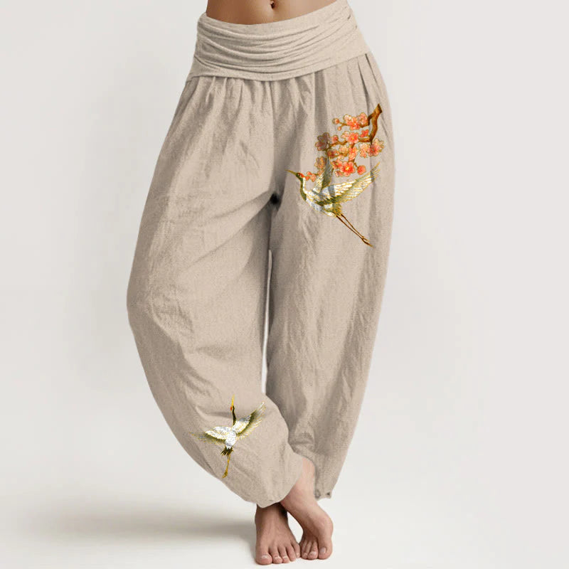 Buddha Stones Plain Crane Peach Blossom Pattern Women's Elastic Waist Harem Pure Cotton Pants