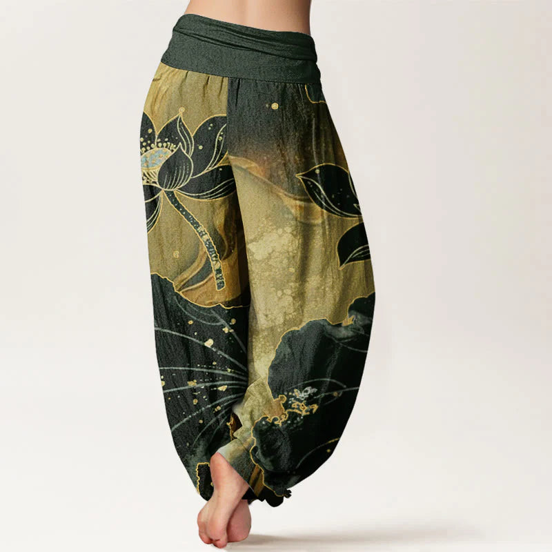 Buddha Stones Cotton Casual Lotus Petal Pattern Women's Elastic Waist Harem Pants