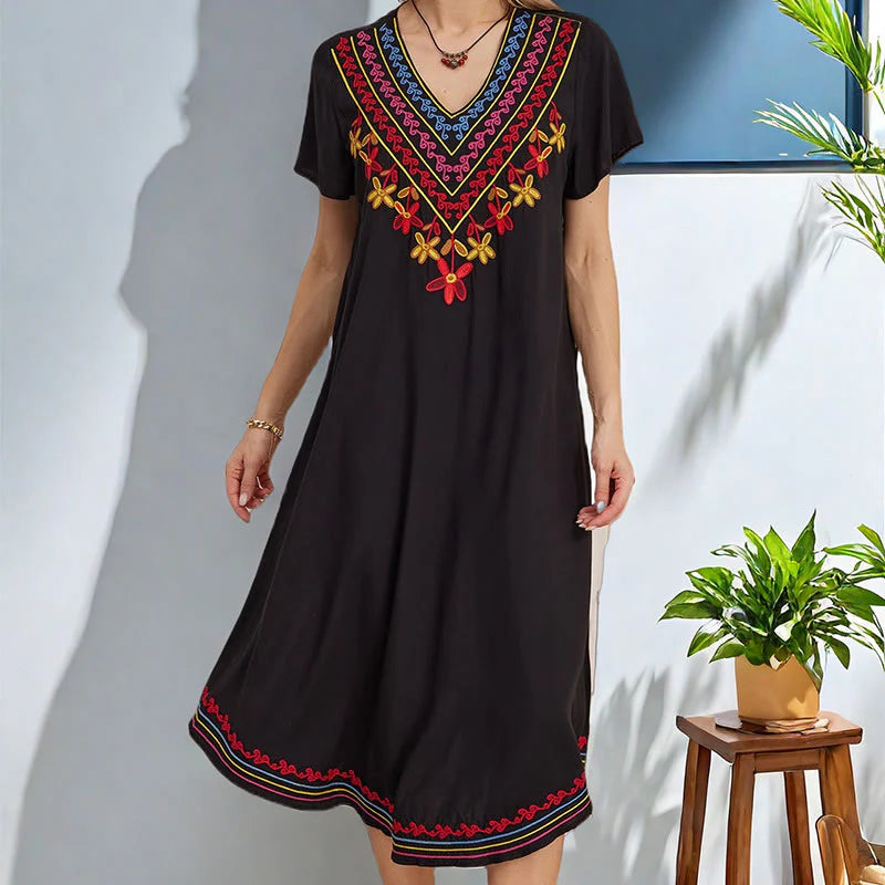 Buddha Stones Black Summer Casual Bohemian Embroidery Geometric Pattern Short Sleeve V-Neck Cotton Midi Dress