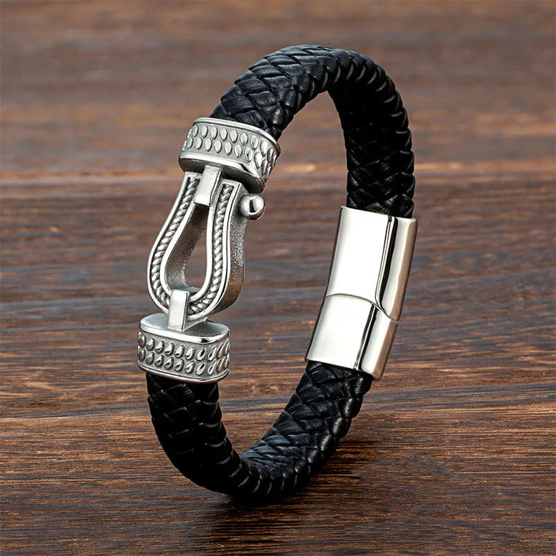 Buddha Stones Leather horseshoe-Shaped Titanium Steel Balance Braided Magnetic Buckle Bracelet