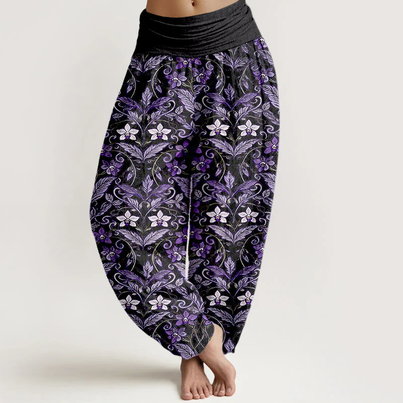 Buddha Stones Cotton Star Shaped Flowers Leaves Pattern Women's Elastic Waist Harem Pants