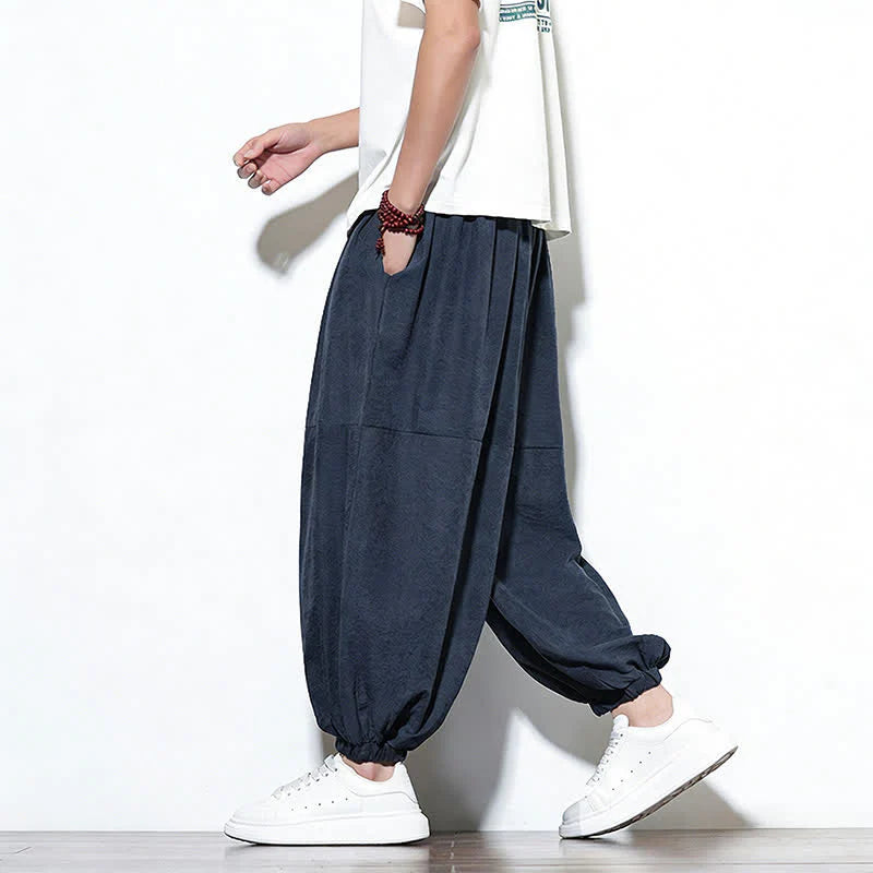 Buddha Stones Spring Solid Color Drawstring Cropped Men's Harem Cotton Pants With Pockets