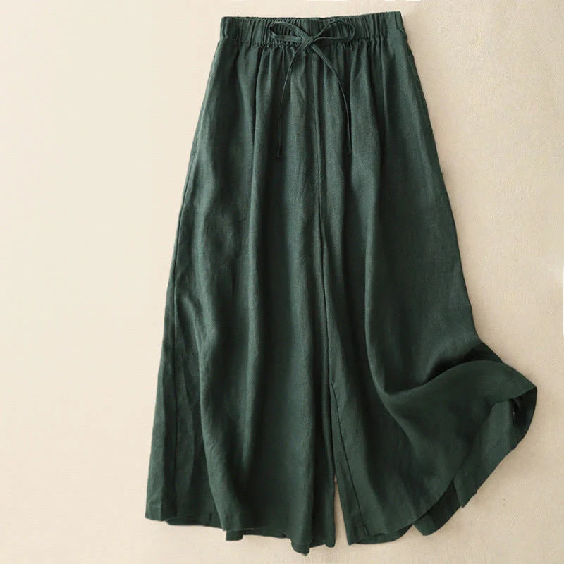 Buddha Stones Summer Elastic Waist Women's Capri Cropped Wide Leg Pants With Pockets