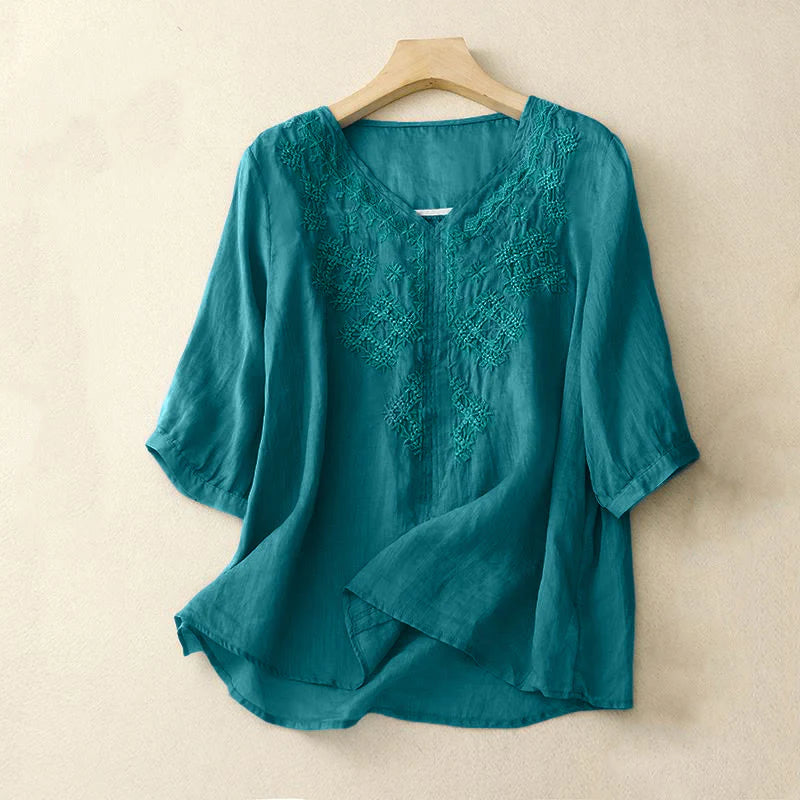 Buddha Stones V-Neck Lines Embroidery Women's Half Sleeve Shirt
