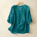 Buddha Stones V-Neck Lines Embroidery Women's Half Sleeve Shirt
