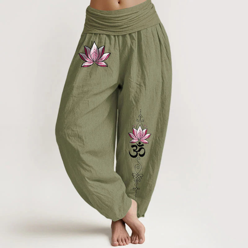 Buddha Stones Cotton Pink Lotus OM Pattern Women's Elastic Waist Harem Pants
