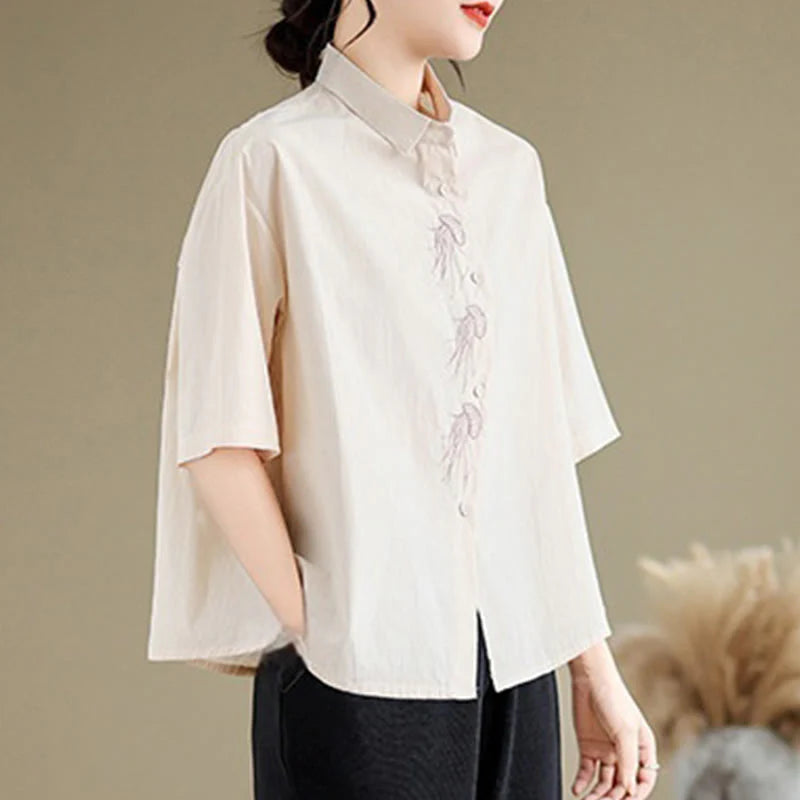 Buddha Stones Casual Women's Embroidered Jellyfish Pattern Stand Collar Buttons Design Half Sleeve Cotton Shirt