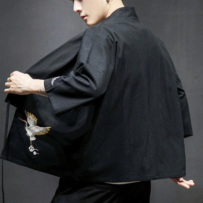 Buddha Stones Embroidery Open Front Jacket Cotton Linen Men's Three Quarter Sleeve Kimono