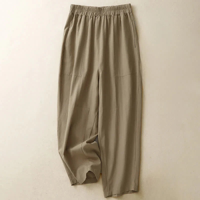 Buddha Stones Spring Solid Color Elastic Waist Cotton Women's Straight Leg Pants With Pockets