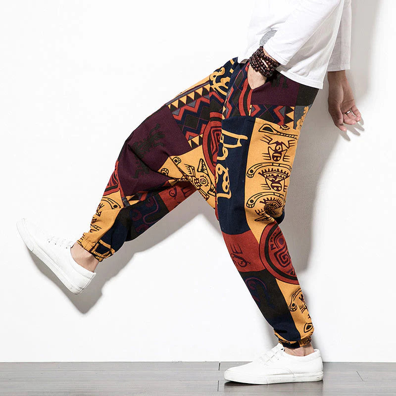 Buddha Stones Red Brown Graffiti Bird Print Men's Harem Pants With Pockets