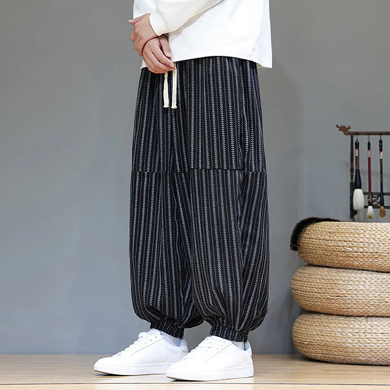 Buddha Stones Fall Striped Pattern Drawstring Men's Harem Corduroy Pants With Pockets