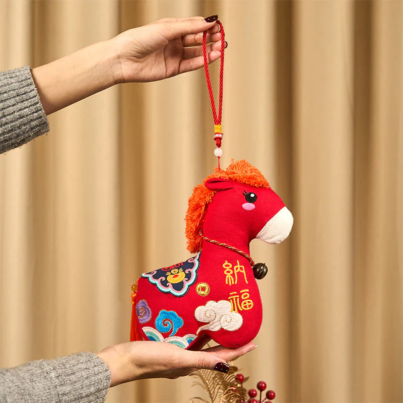 Buddha Stones Year of the Horse Copper Red String Fu Character Embroidery Prosperity Home Decoration