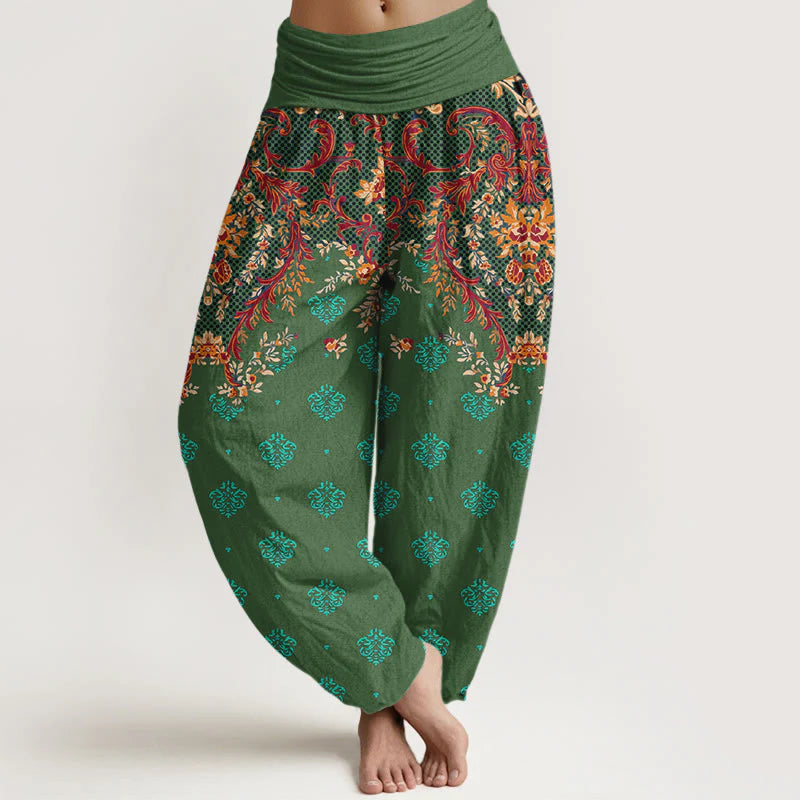 Buddha Stones Cotton Symmetrical Leaf  Scroll Pattern Women's Elastic Waist Harem Pants