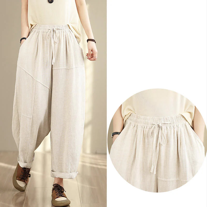 Buddha Stones Women's Fall Plain Color Drawstring Cotton Linen 7-8 Length Pants With Pockets