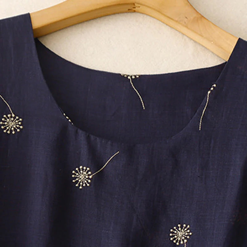 Buddha Stones MidnightBlue Printing Lace-Up Design Sleeveless Cotton Midi Dress With Pockets