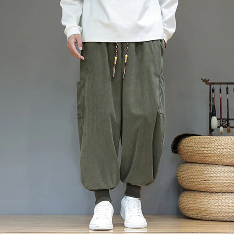 Buddha Stones Spring Solid Color Men's Ankle-Length Cotton Pants With Pockets