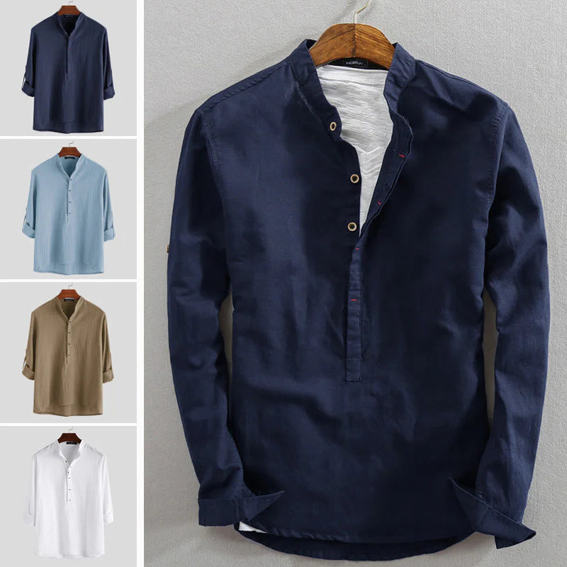 Buddha Stones Solid Color Half Buttons Long Sleeve Cotton Linen Men's Shirts