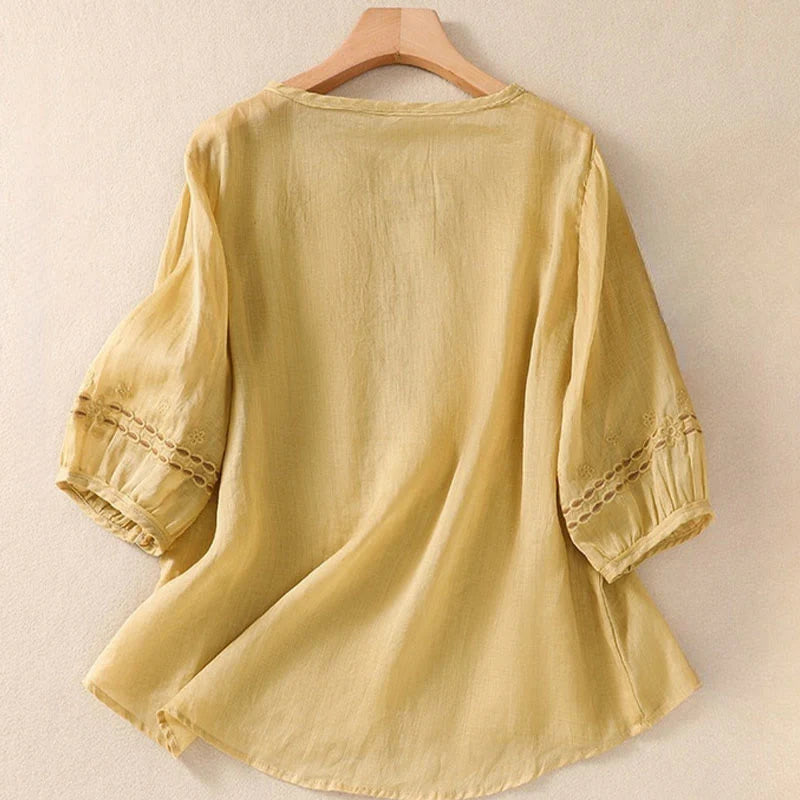 Buddha Stones Artistic Plain Floral Embroidered Design Crew Neck Puff Half Sleeve Cotton Linen Women's T-Shirt