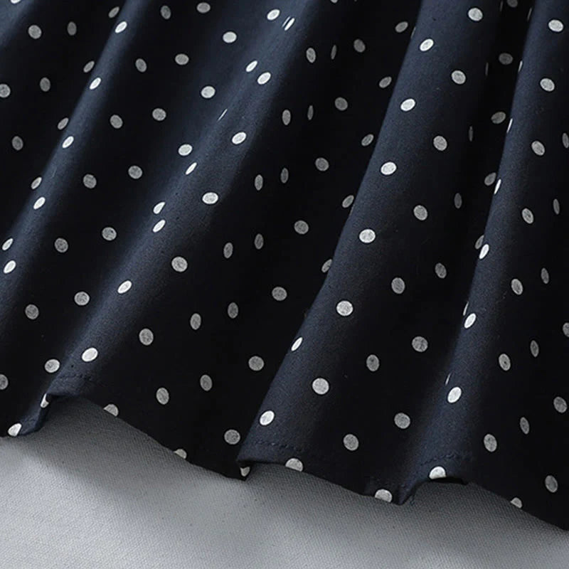 Buddha Stones Spring Dot Pattern Ruffle Crew Neck Long Sleeve Cotton Linen Midi Dress With Pockets