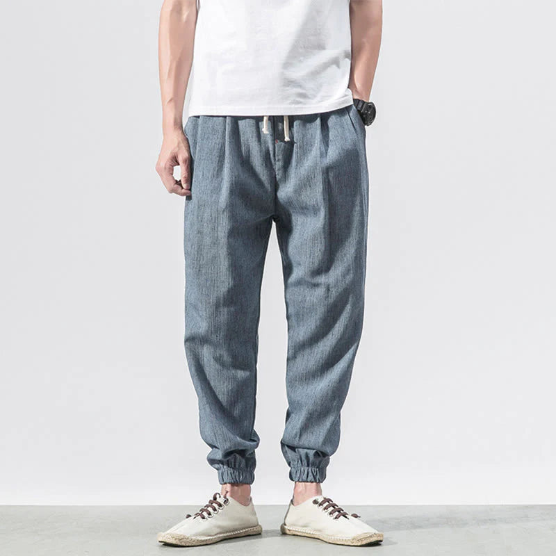 Buddha Stones Simple Drawstring Design Linen Men's Pants With Pockets