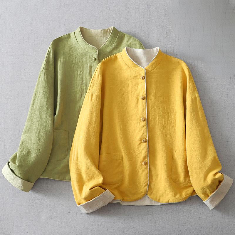 Buddha Stones Women's Plain Jacquard Stand Collar Long Sleeve Cotton Linen Jacket With Pockets