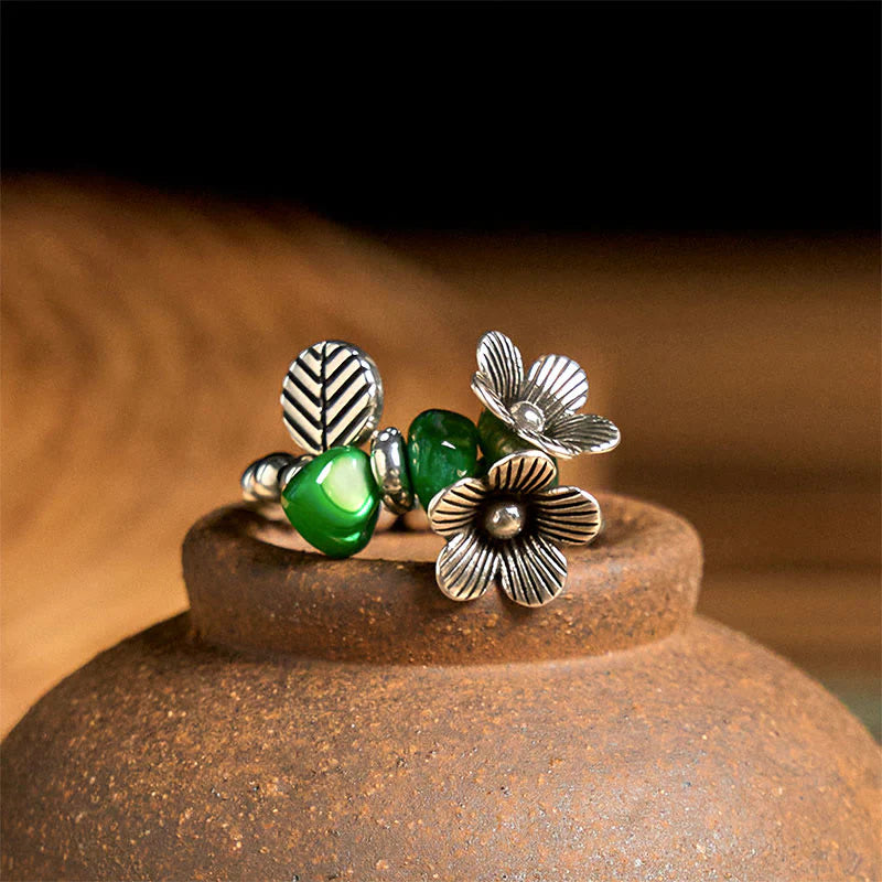 Buddha Stones Flower Pattern Copper Alloy Luck Elastic Rope Ring