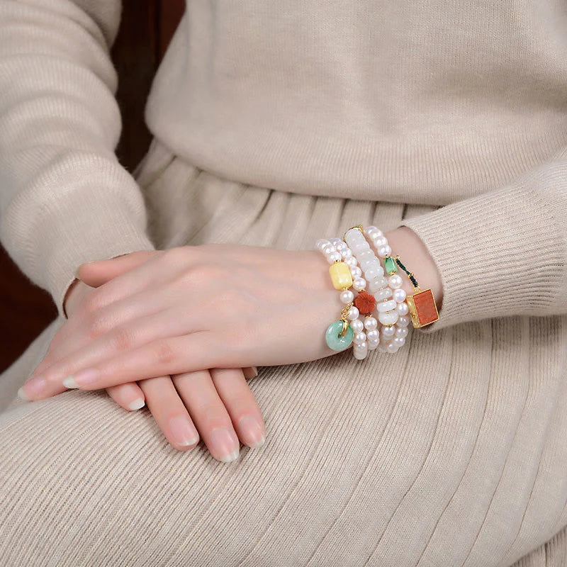 Buddha Stones 925 Sterling Silver Pearl Hetian Jade Red Agate Double Happiness Amber Luck Quadruple Wrap Bracelet (Extra 30% Off | USE CODE: FS30)