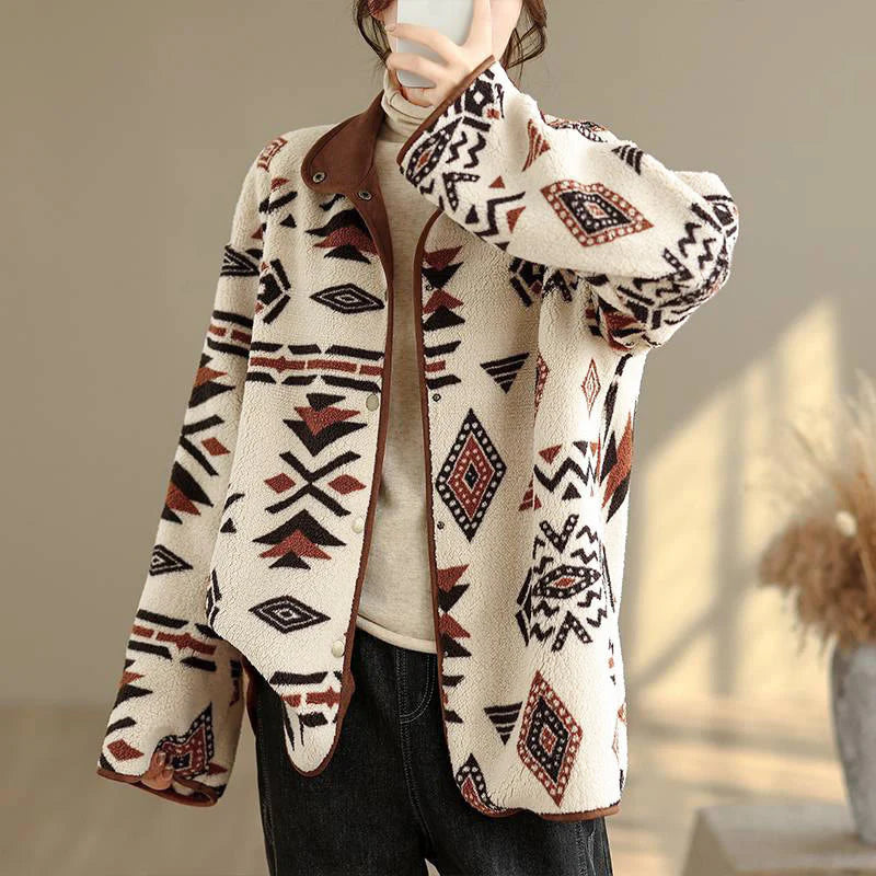 Buddha Stones Fall Winter Buttons Geometric Patterns Long Sleeve Cotton Women's Jacket