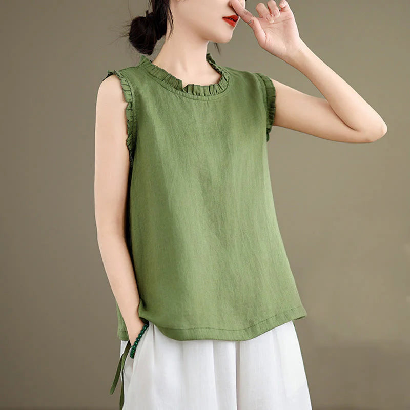 Buddha Stones Summer Ruffled Design Drawstring Crew Neck Cotton Linen Women's Sleeveless Vest