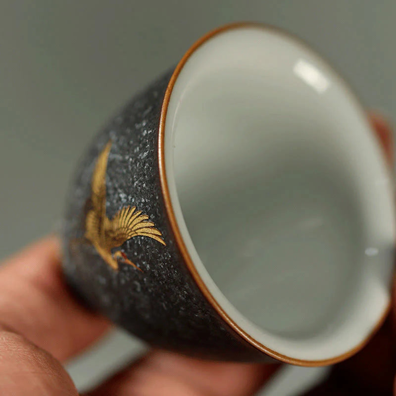 Buddha Stones Small Hand-painted Golden Crane Ceramic Teacup Kung Fu Tea Cup 40ml