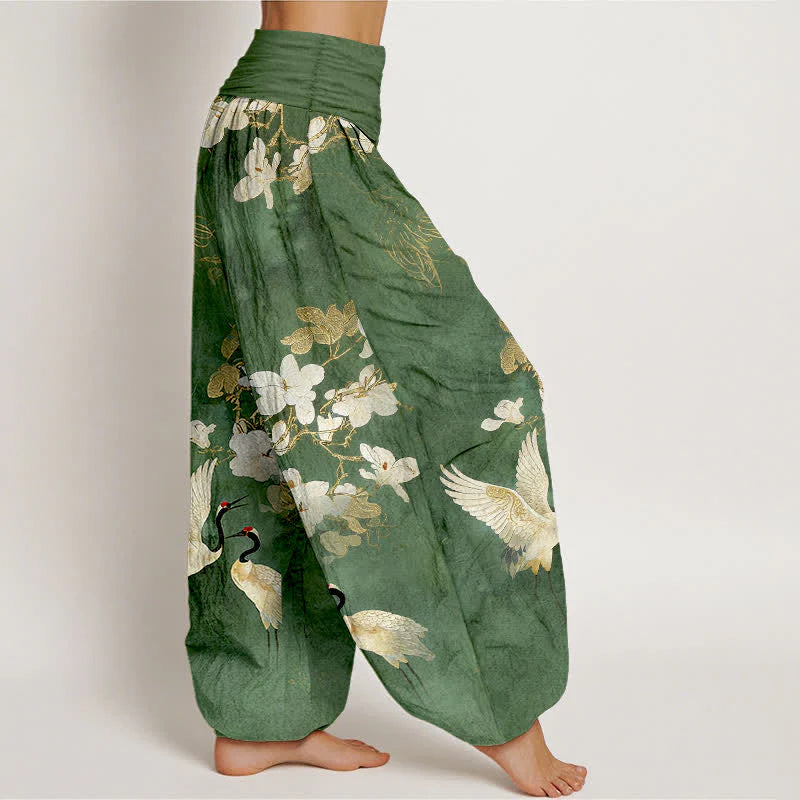 Buddha Stones Crane Blooming Flowers High Waist Women's Harem Pure Cotton Pants