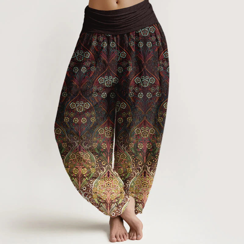 Buddha Stones Pure Cotton Retro Flower Pattern Women's Elastic Waist Harem Pants