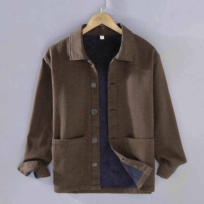 Buddha Stones Men's Plain Long Sleeve Thermal Fleece-Lined Ramie Linen Cotton Jacket With Pockets