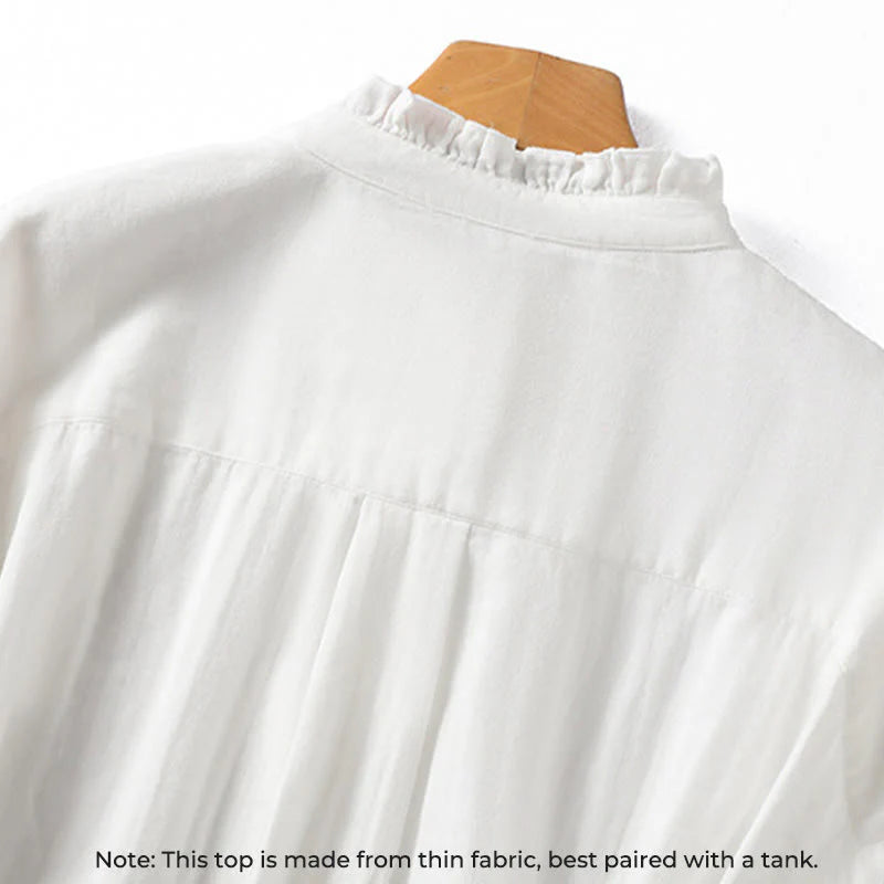 Buddha Stones White Ruffled Collar Long Sleeve Women's Cotton Shirt