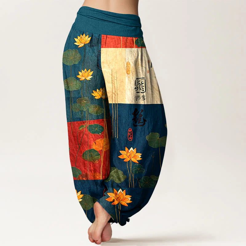 Buddha Stones Pure Cotton Strong Visual Impact Lotus Flowers Leaves Pattern Women's Elastic Waist Harem Pants